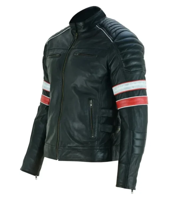 Black Striped Leather Cafe Racer Jacket on Sale