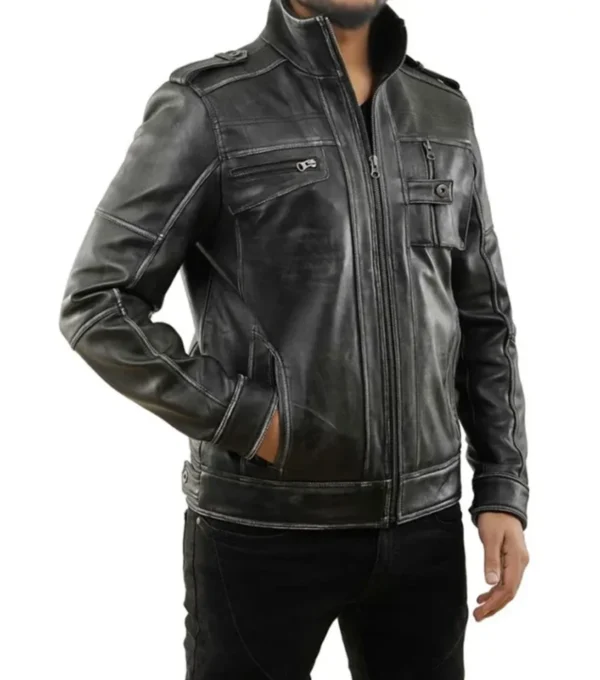 Black Vintage Leather Rider Jacket Look