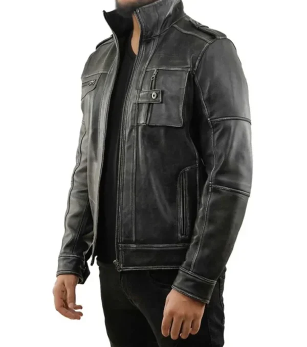 Black Vintage Leather Rider Jacket Side Look