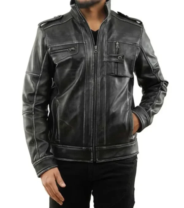Black Vintage Leather Rider Jacket on Sale