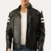 Black and White Striped Leather Racer Jacket