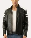 Black and White Striped Leather Racer Jacket