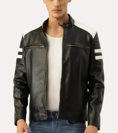 Black and White Striped Leather Racer Jacket