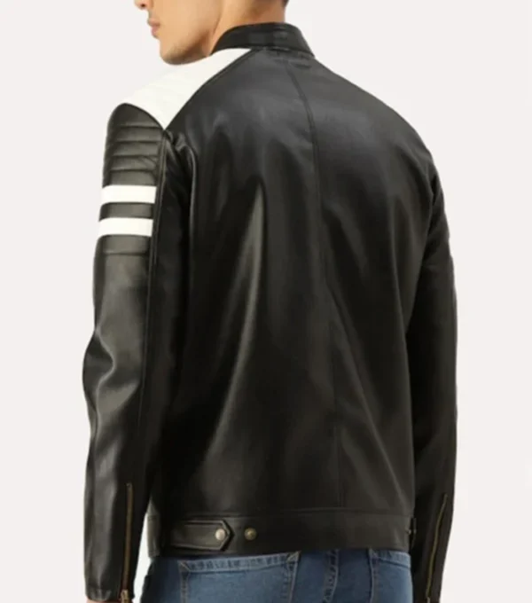 Black and White Striped Leather Racer Jacket Back
