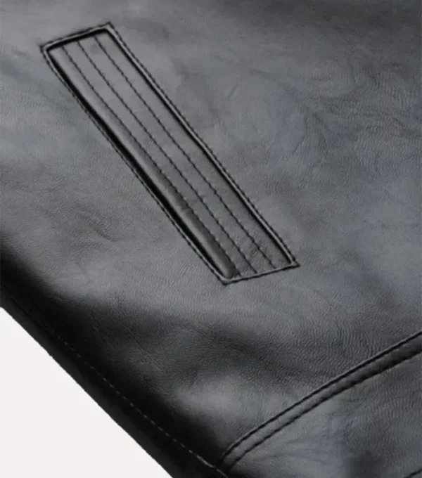 Black and White Striped Leather Racer Jacket Pocket