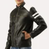 Black and White Striped Leather Racer Jacket Side Look