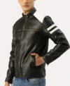Black and White Striped Leather Racer Jacket Side Look