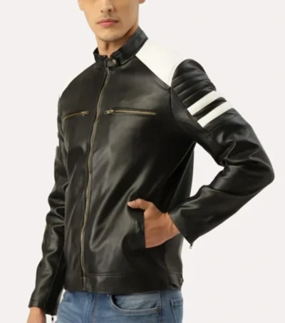 Black and White Striped Leather Racer Jacket Side Look