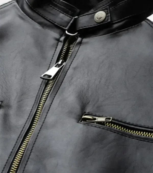 Black and White Striped Leather Racer Jacket on Sale