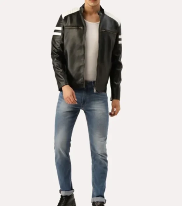 Black and White Striped Leather Racer Jackets