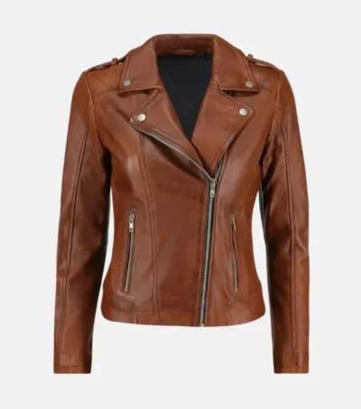 Brown Leather Biker Jacket for Women
