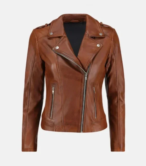 Brown Leather Biker Jacket for Women