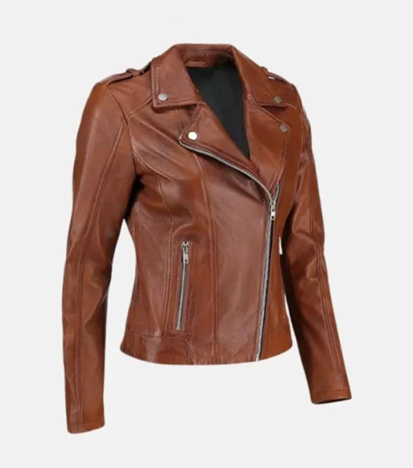 Brown Leather Biker Jacket for Women Side Look