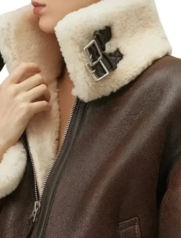 Brown Shearling Leather Aviator Jacket Collar