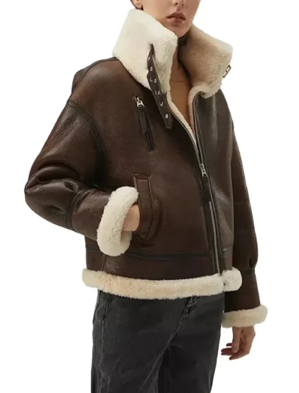 Brown Shearling Leather Aviator Jacket Side Look