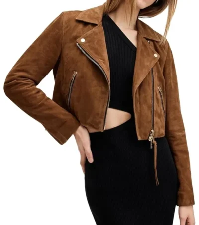Brown Suede Biker Leather Jacket for Women Front
