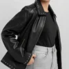 Buy Black Leather Jacket for Women with Studded Collar and Hem