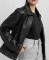 Buy Black Leather Jacket for Women with Studded Collar and Hem
