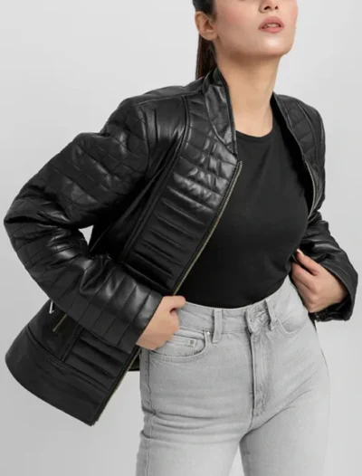 Buy Black Quilted Leather Zipper Jacket for Women