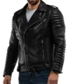 Buy Men's Black Quilted Sleeve Leather Zipper Jacket