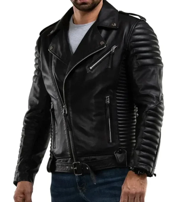 Buy Men's Black Quilted Sleeve Leather Zipper Jacket
