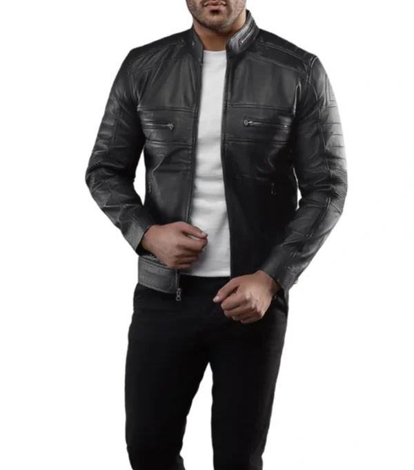 Buy Slim Fit Black Leather Racer Jacket