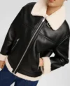 Buy Women Black Leather Aviator Jacket with White Shearling