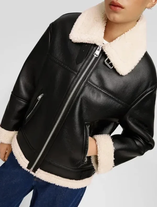 Buy Women Black Leather Aviator Jacket with White Shearling