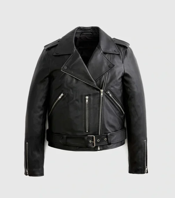 Buy Women's Black Moto Leather Jacket with Belted Waist