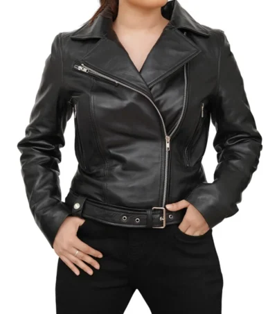 Classic Belted Biker Leather Jacket for Women