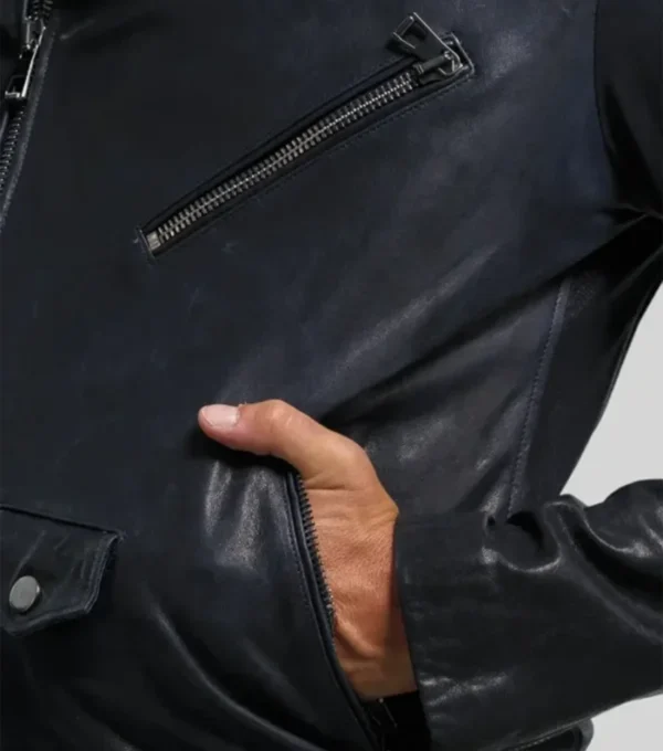 Classic Black Biker Leather Jacket Pocket