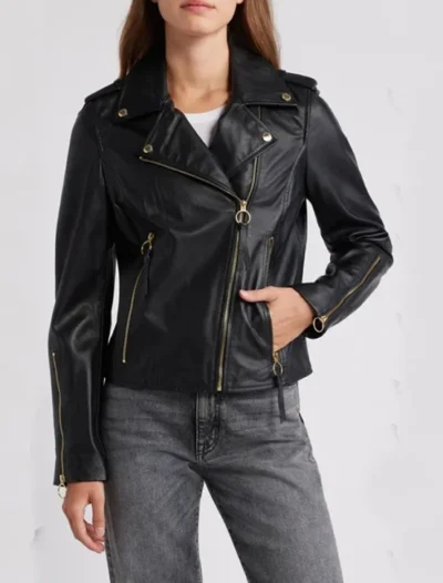 Classic Black Biker Leather Jacket for Women Side Look