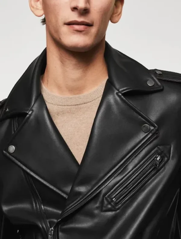 Classic Black Biker Style Leather Jacket Front