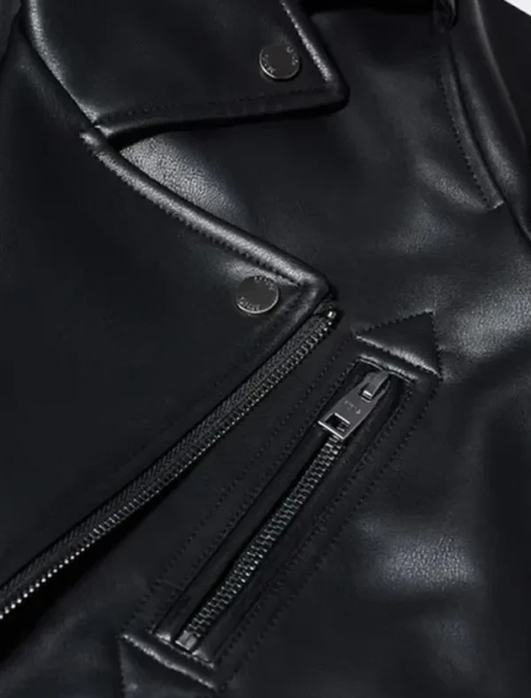 Classic Black Biker Style Leather Jacket Pocket