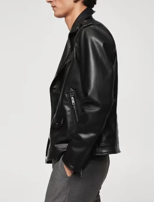 Classic Black Biker Style Leather Jacket Side Look
