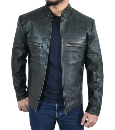 Classic Black Cafe Racer Style Leather Jacket