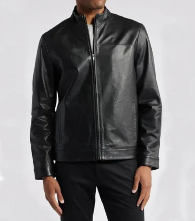 Classic Black Leather Cafe Racer with Front Zipper