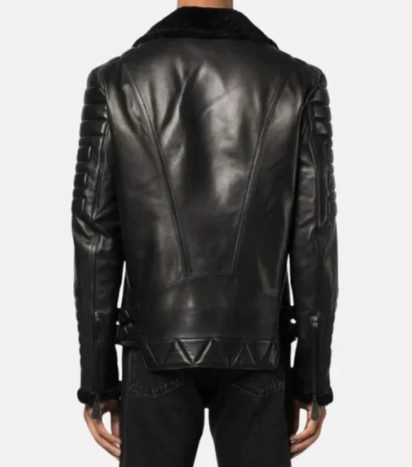 Classic Black Leather Jacket with Fur Collar Back