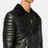 Classic Black Leather Jacket with Fur Collar Closer