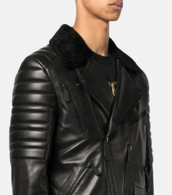 Classic Black Leather Jacket with Fur Collar Closer