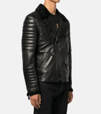 Classic Black Leather Jacket with Fur Collar Side Look