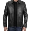 Classic Black Leather Shirt Collar Jacket