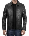 Classic Black Leather Shirt Collar Jacket