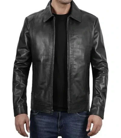 Classic Black Leather Shirt Collar Jacket
