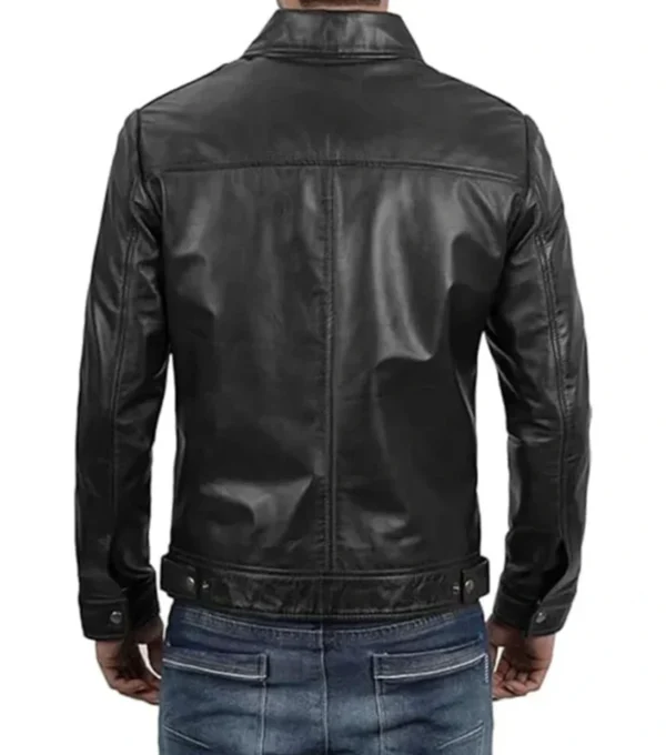 Classic Black Leather Shirt Collar Jacket Back