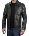 Classic Black Leather Shirt Collar Jacket Side Look