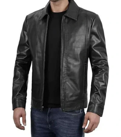 Classic Black Leather Shirt Collar Jacket Side Look