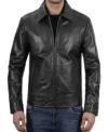 Classic Black Leather Shirt Collar Jacket on Sale