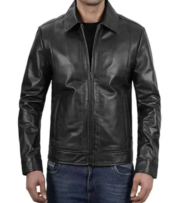 Classic Black Leather Shirt Collar Jacket on Sale