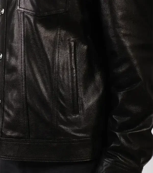 Classic Black Leather Trucker Jacket Pocket